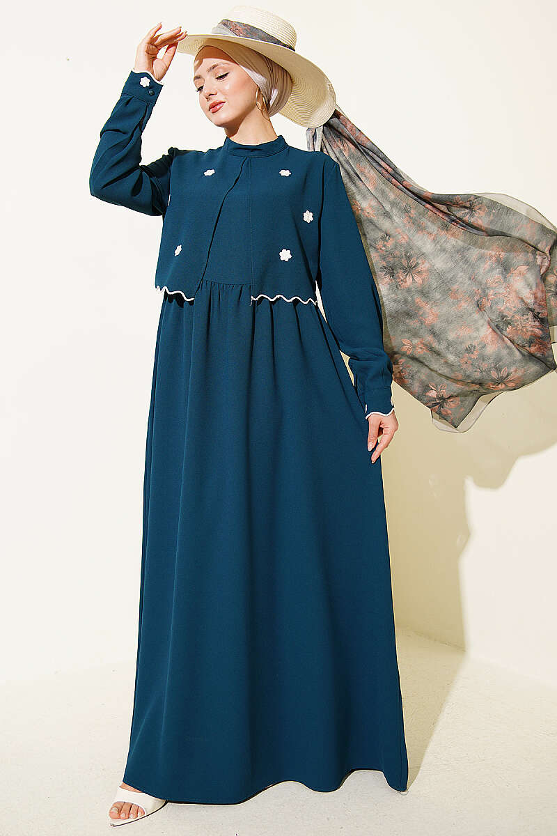 Floral Embroidered Cape Dress - Emerald