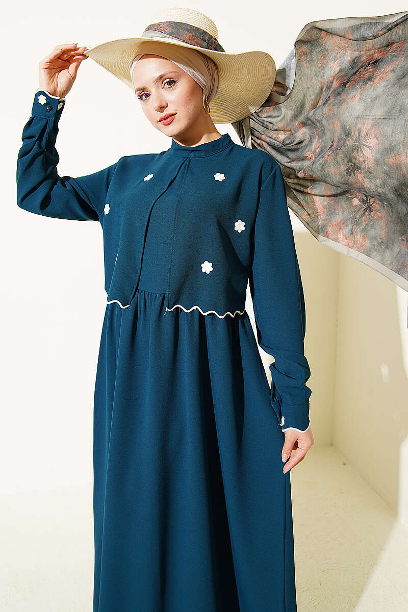 Floral Embroidered Cape Dress - Emerald