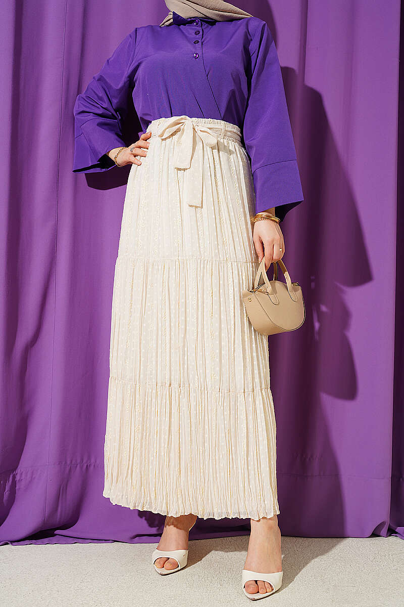 Floral Embroidered Plissé Chiffon Skirt - Beige