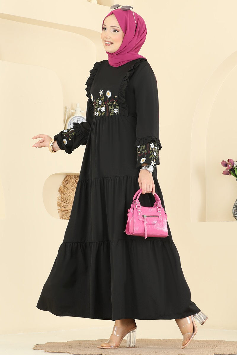 Floral Embroidered Poplin Dress - Black