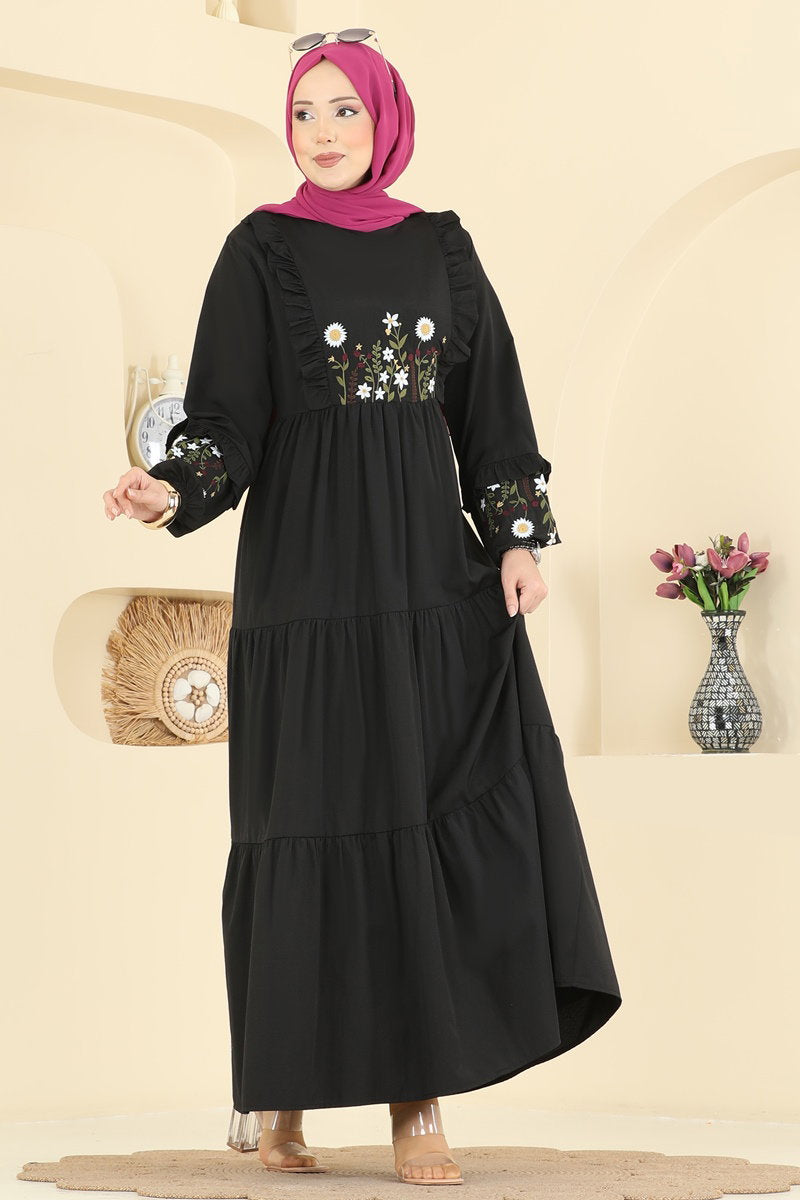 Floral Embroidered Poplin Dress - Black