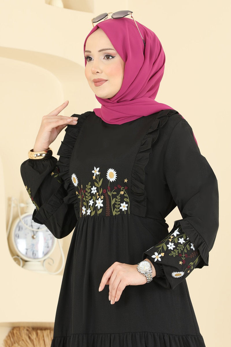 Floral Embroidered Poplin Dress - Black