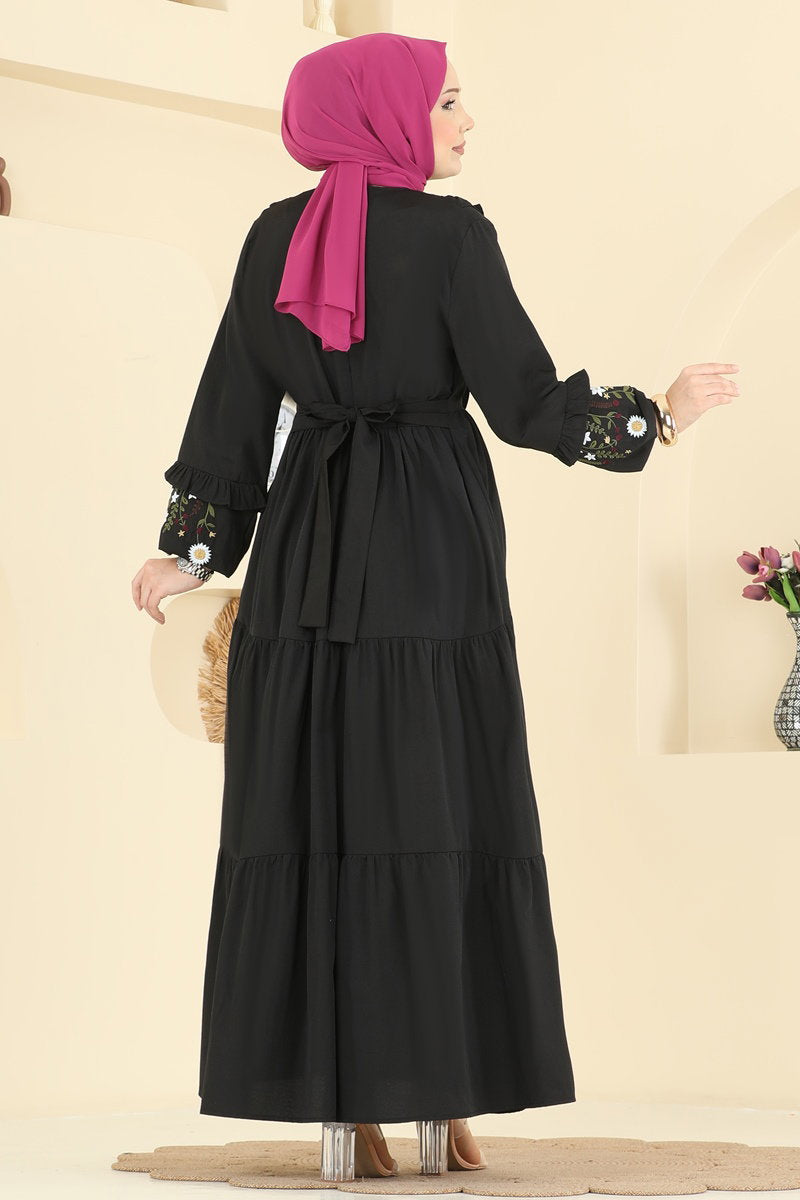 Floral Embroidered Poplin Dress - Black