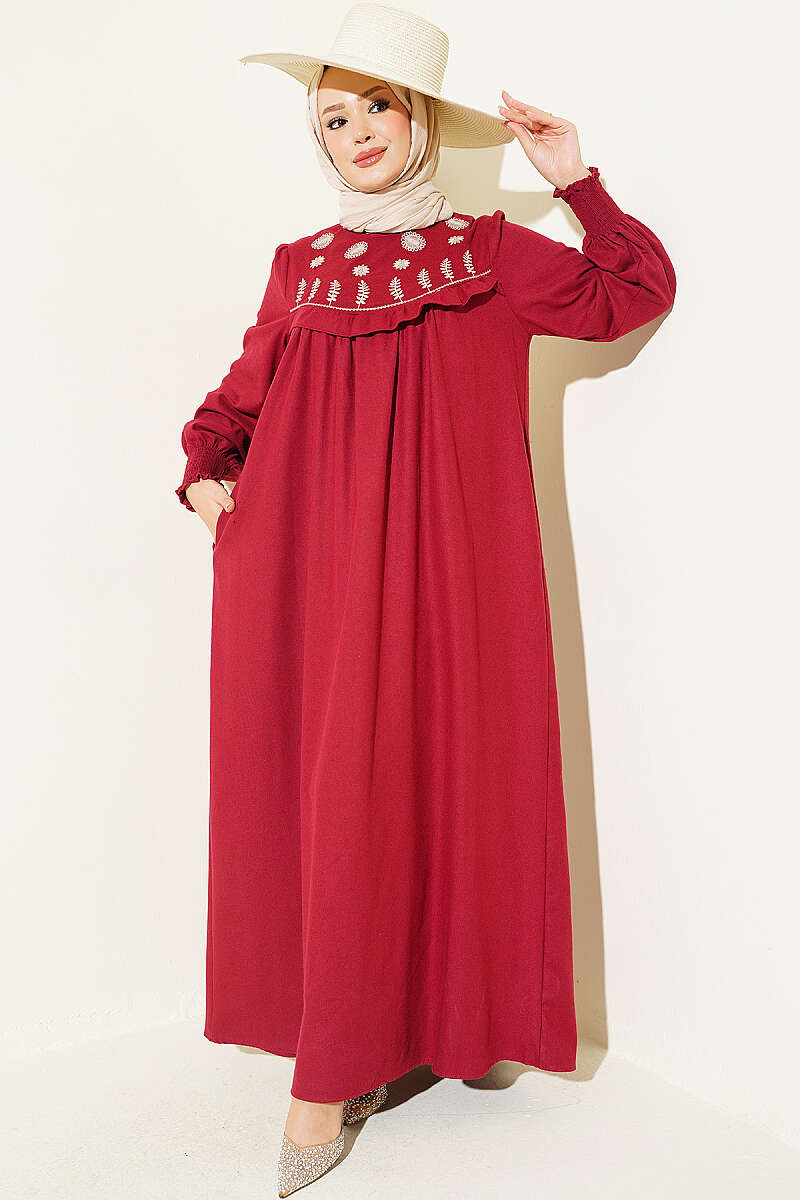 Floral Embroidered Dress with Robe Detail - Burgundy