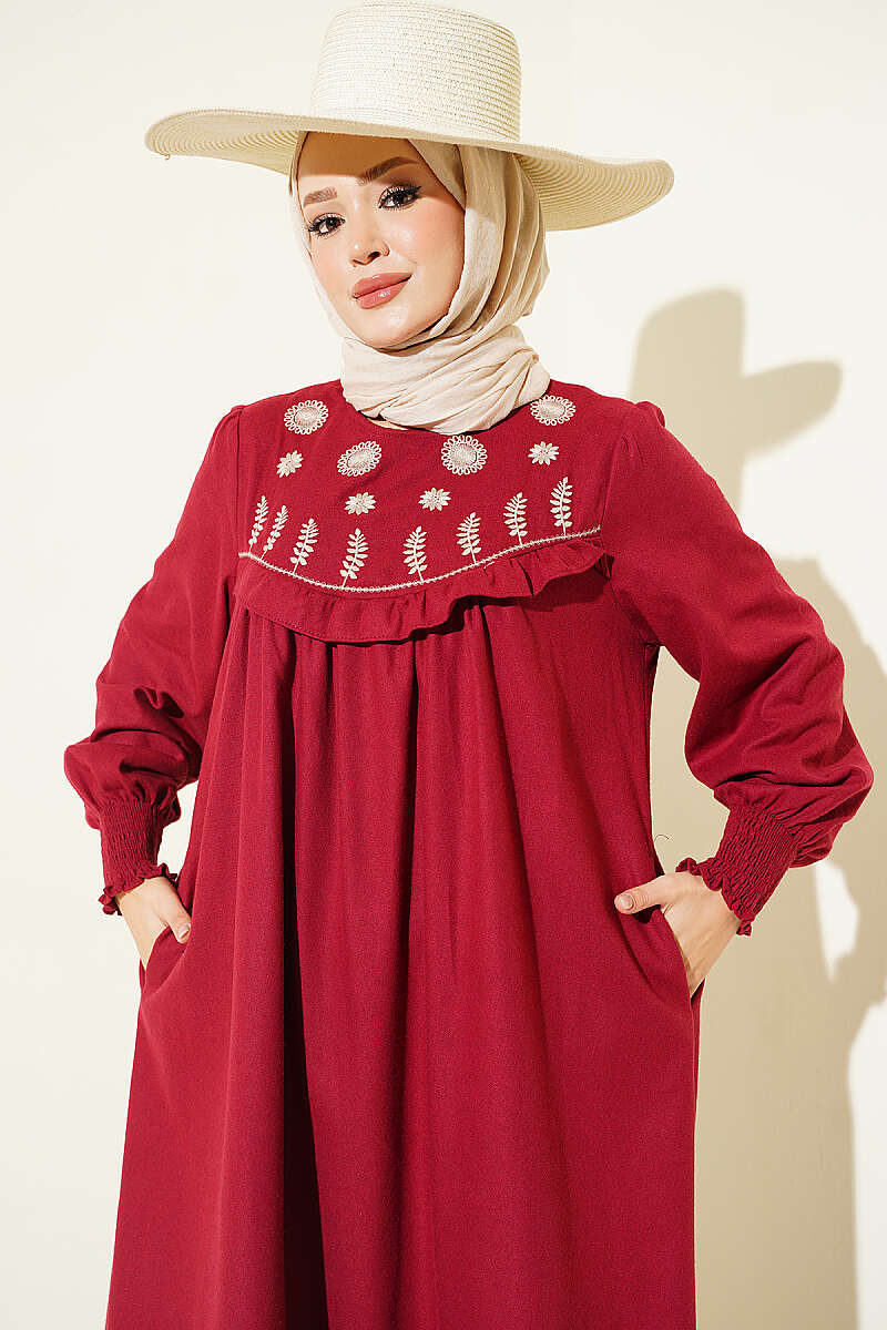 Floral Embroidered Dress with Robe Detail - Burgundy