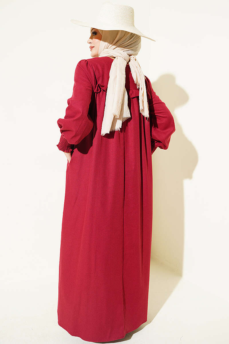 Floral Embroidered Dress with Robe Detail - Burgundy