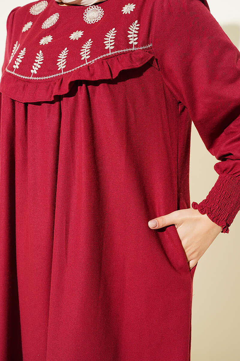 Floral Embroidered Dress with Robe Detail - Burgundy