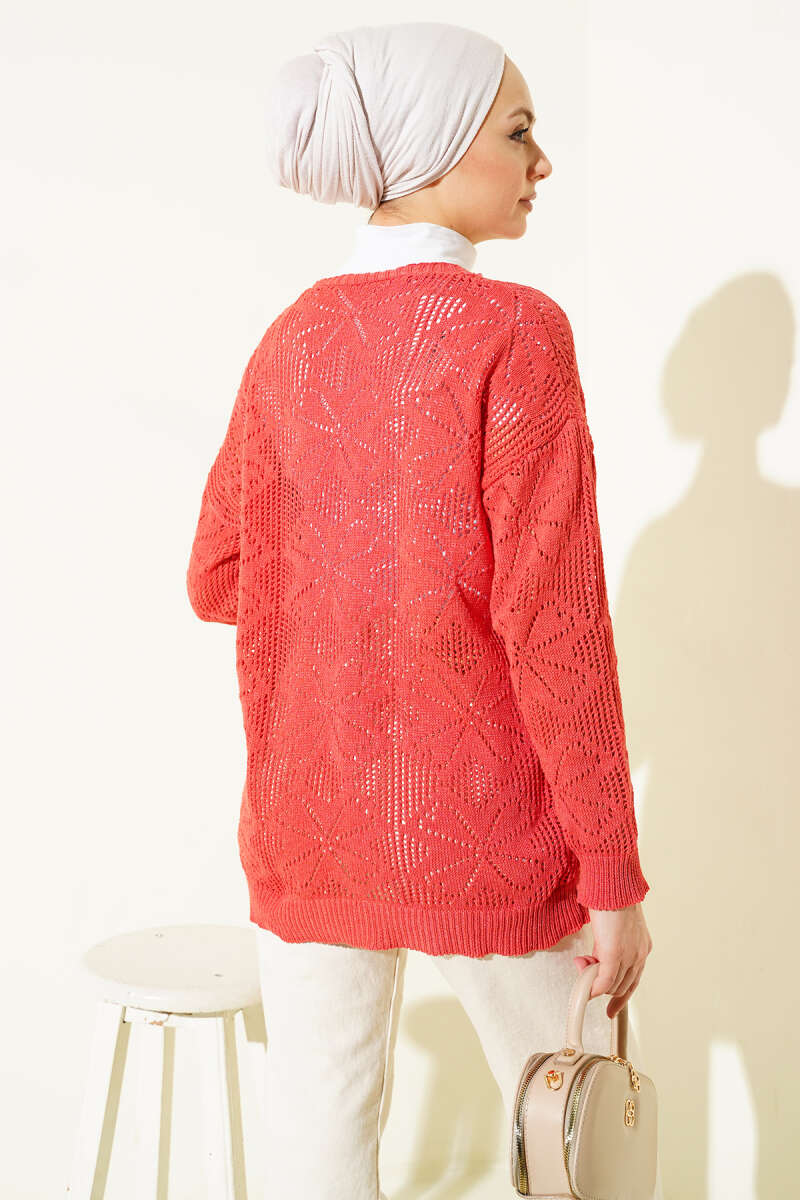 Floral-Knit Button Cardigan - Coral