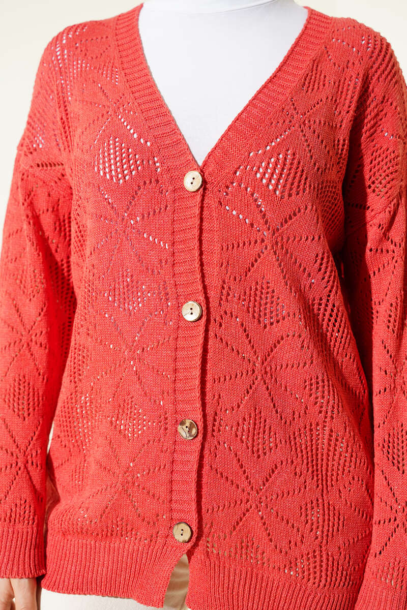 Floral-Knit Button Cardigan - Coral