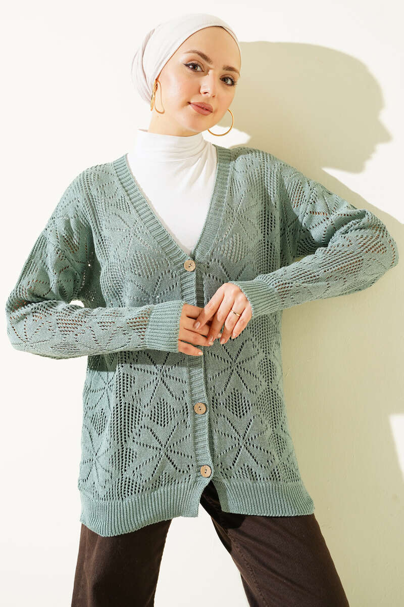 Floral-Knit Button Cardigan - Mint