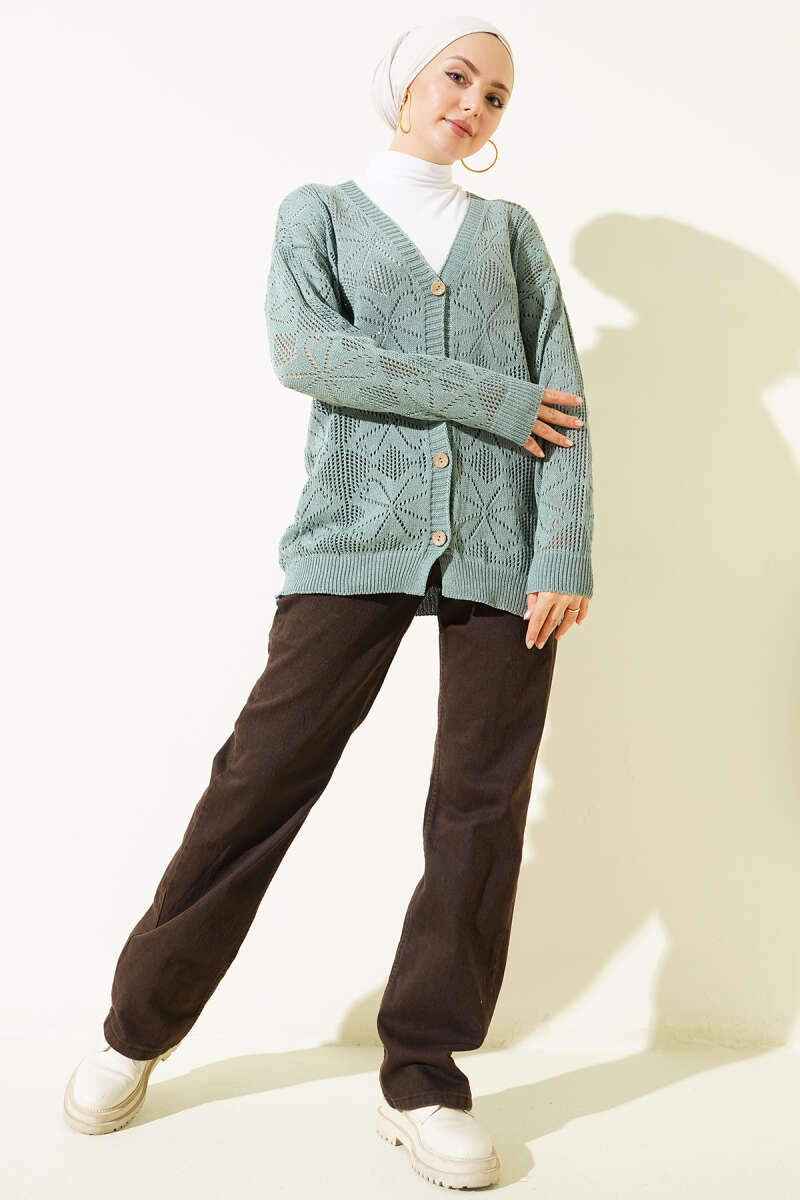 Floral-Knit Button Cardigan - Mint
