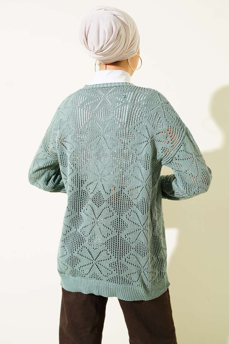 Floral-Knit Button Cardigan - Mint