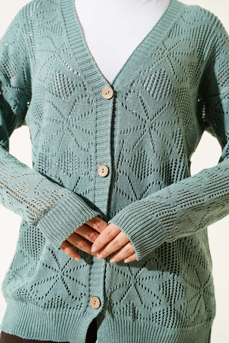 Floral-Knit Button Cardigan - Mint