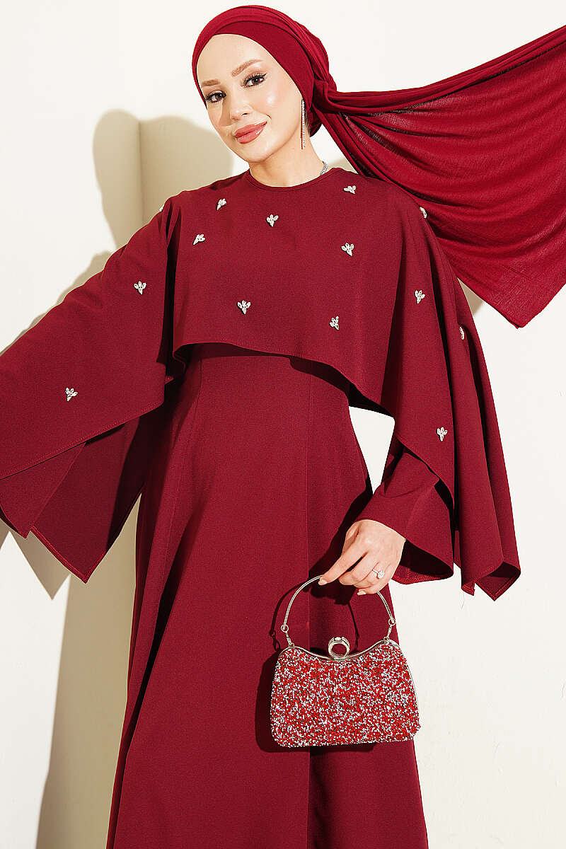 Evening Dress with Bolero and Floral Stones - Burgundy
