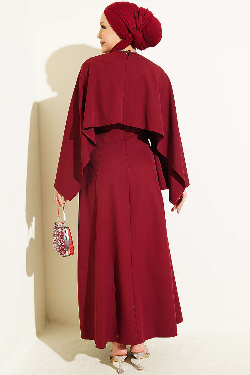 Evening Dress with Bolero and Floral Stones - Burgundy