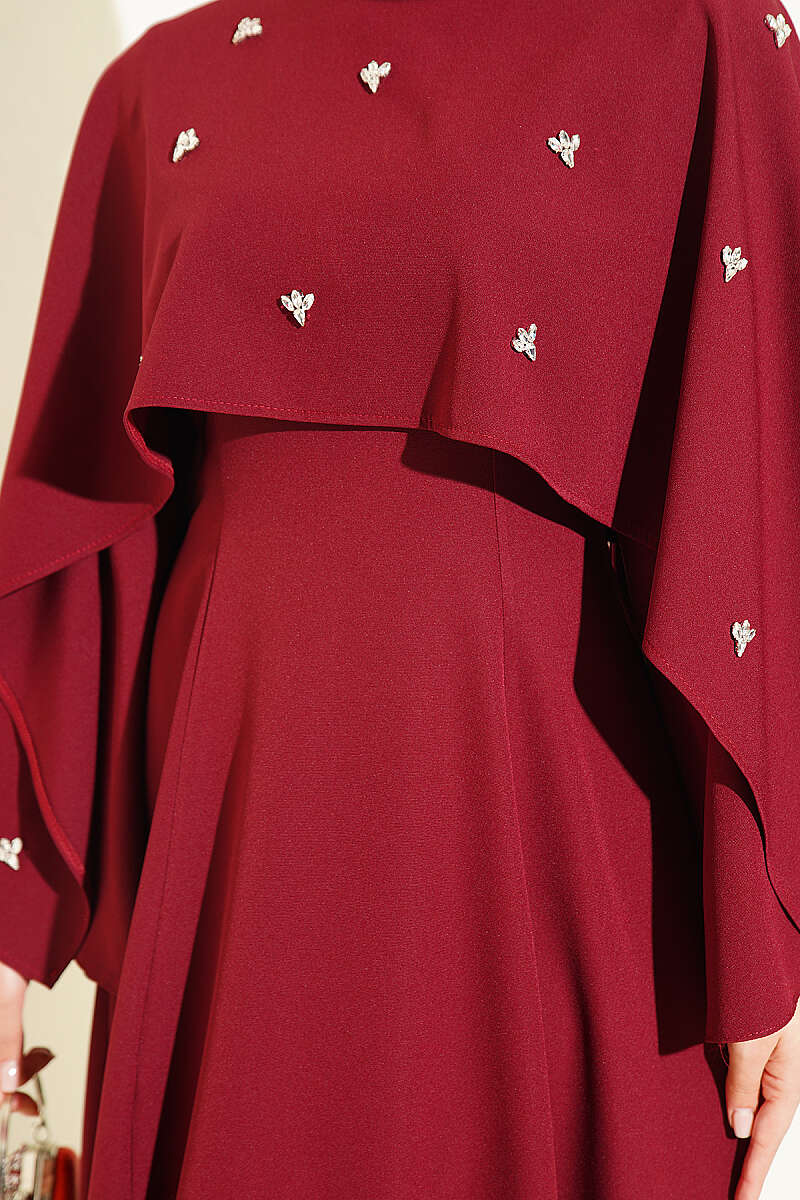 Evening Dress with Bolero and Floral Stones - Burgundy