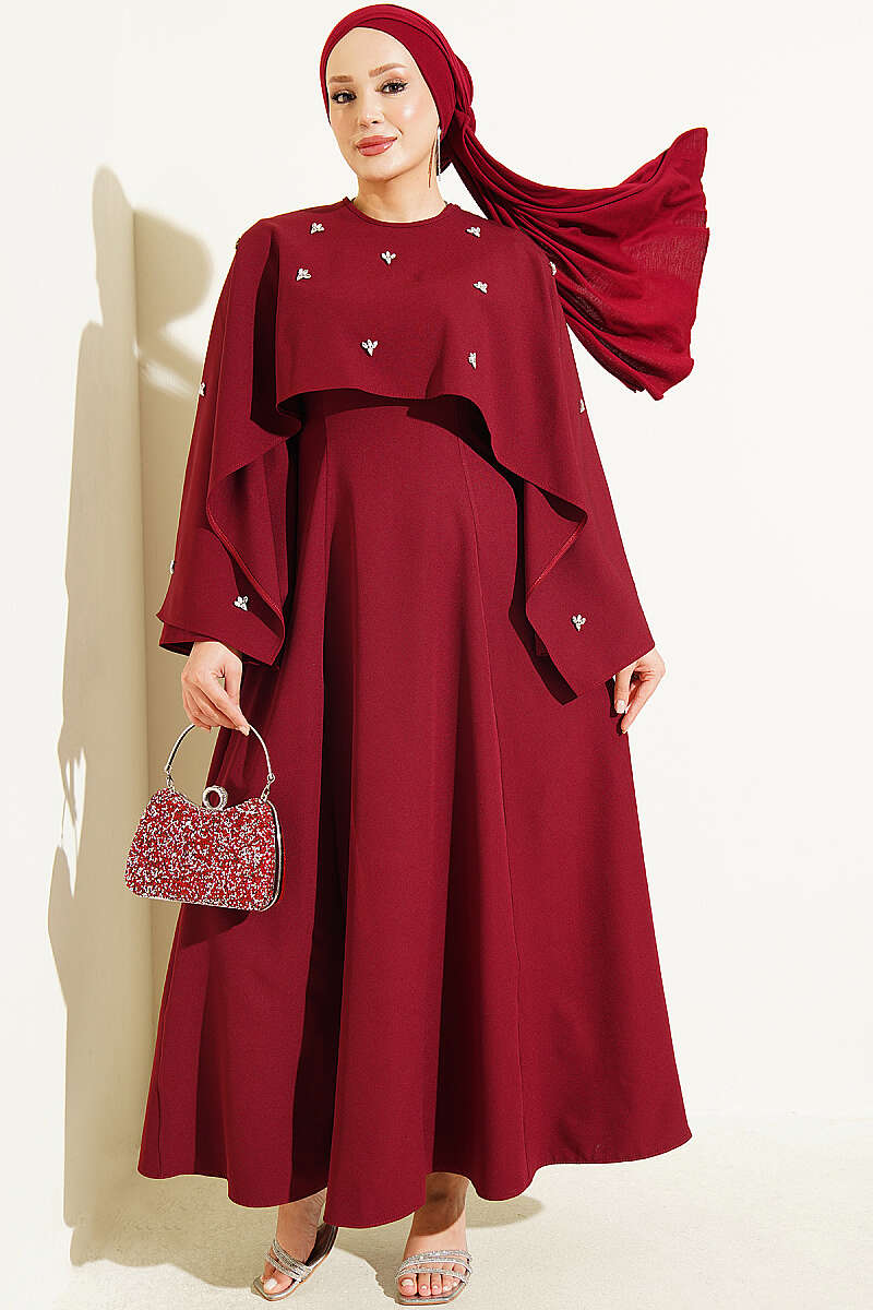 Evening Dress with Bolero and Floral Stones - Burgundy