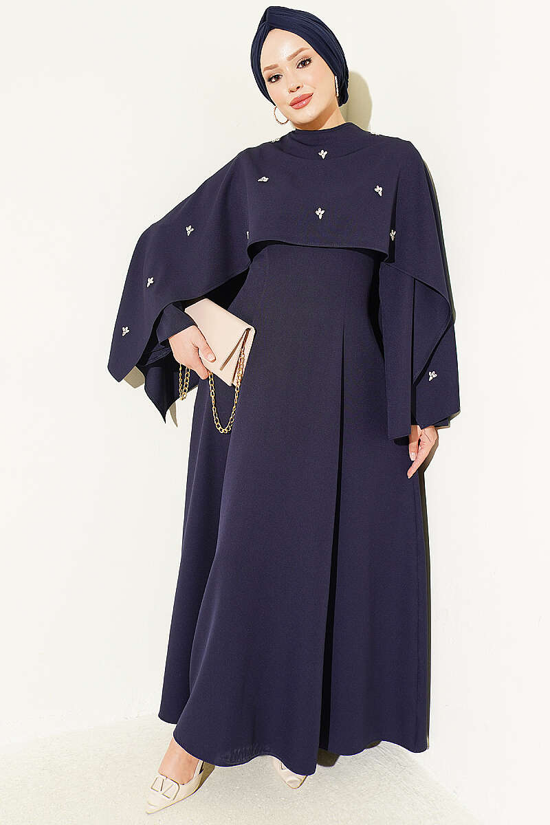 Evening Dress with Bolero and Floral Stones - Navy