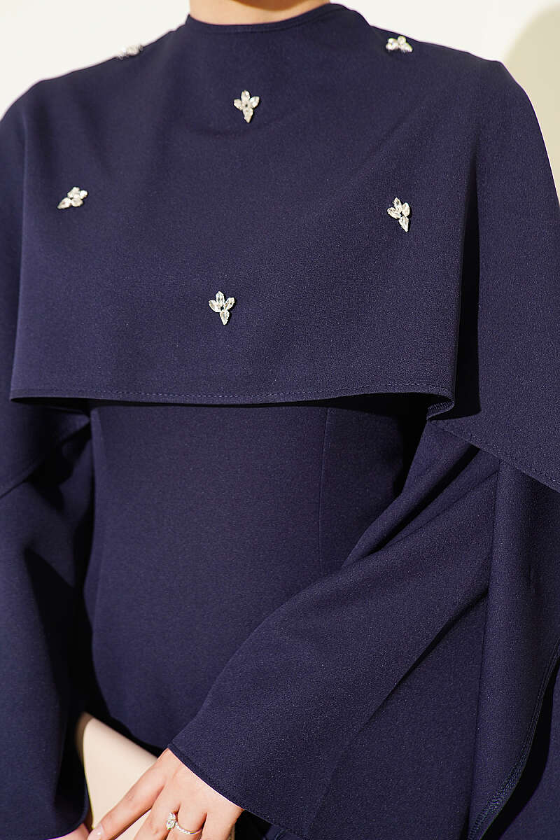 Evening Dress with Bolero and Floral Stones - Navy