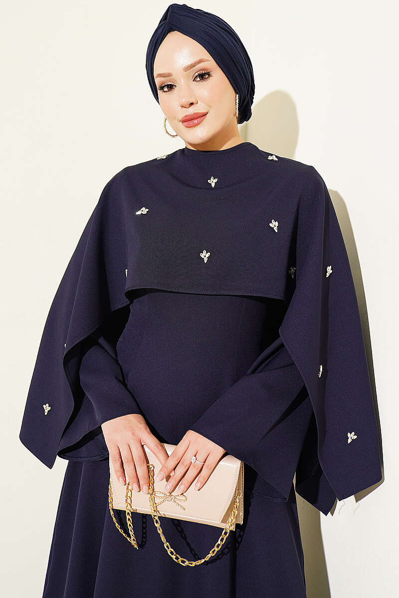 Evening Dress with Bolero and Floral Stones - Navy