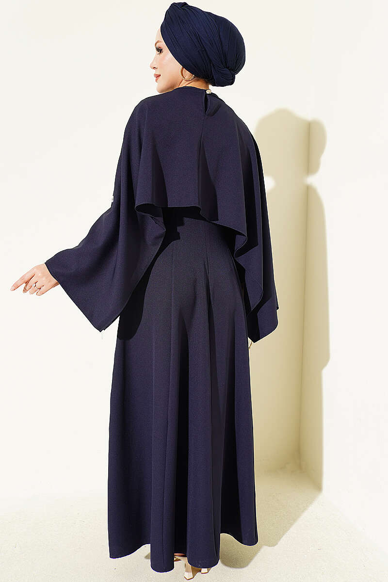 Evening Dress with Bolero and Floral Stones - Navy