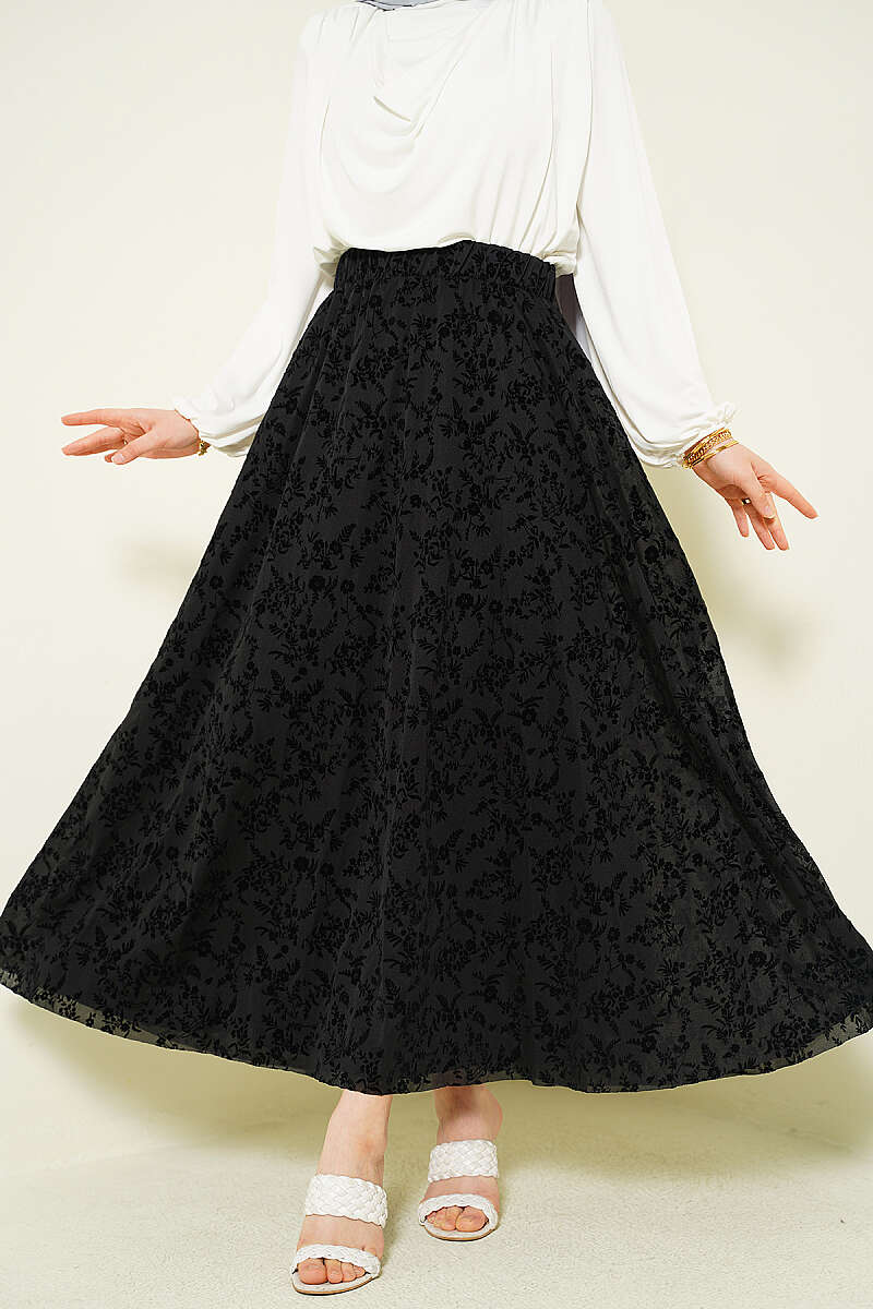 Flared Skirt with Floral Tulle - Black
