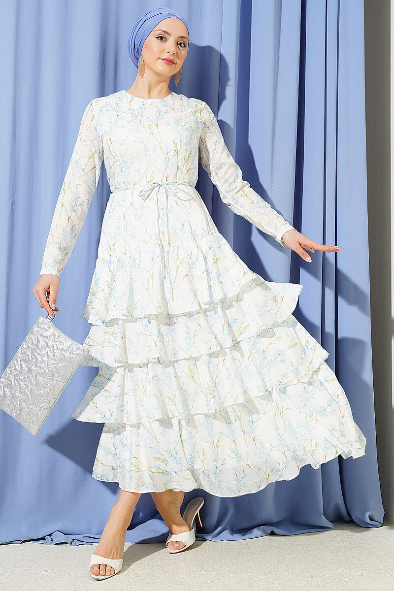 Asymmetric Tiered Floral Dress - Blue