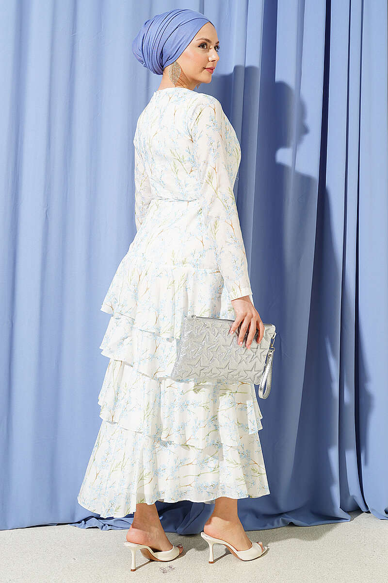 Asymmetric Tiered Floral Dress - Blue