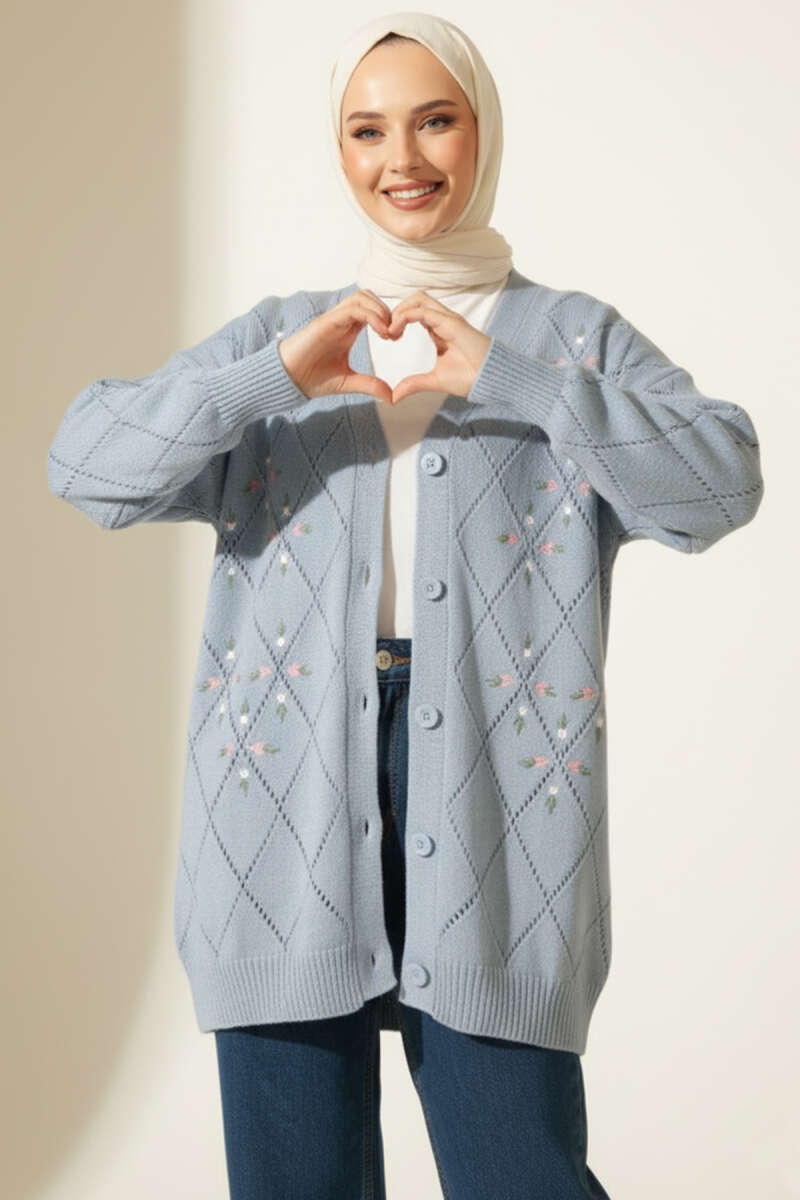 Floral Diamond-Pattern Knit Cardigan - Light Blue