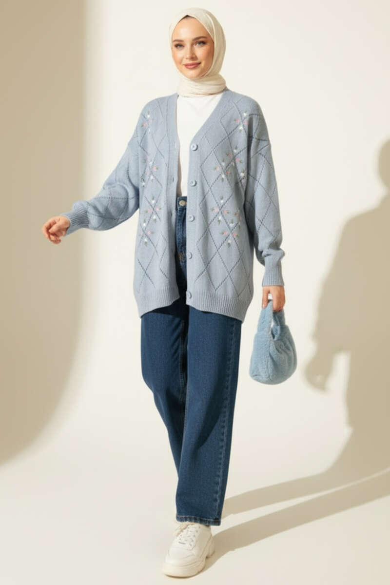 Floral Diamond-Pattern Knit Cardigan - Light Blue