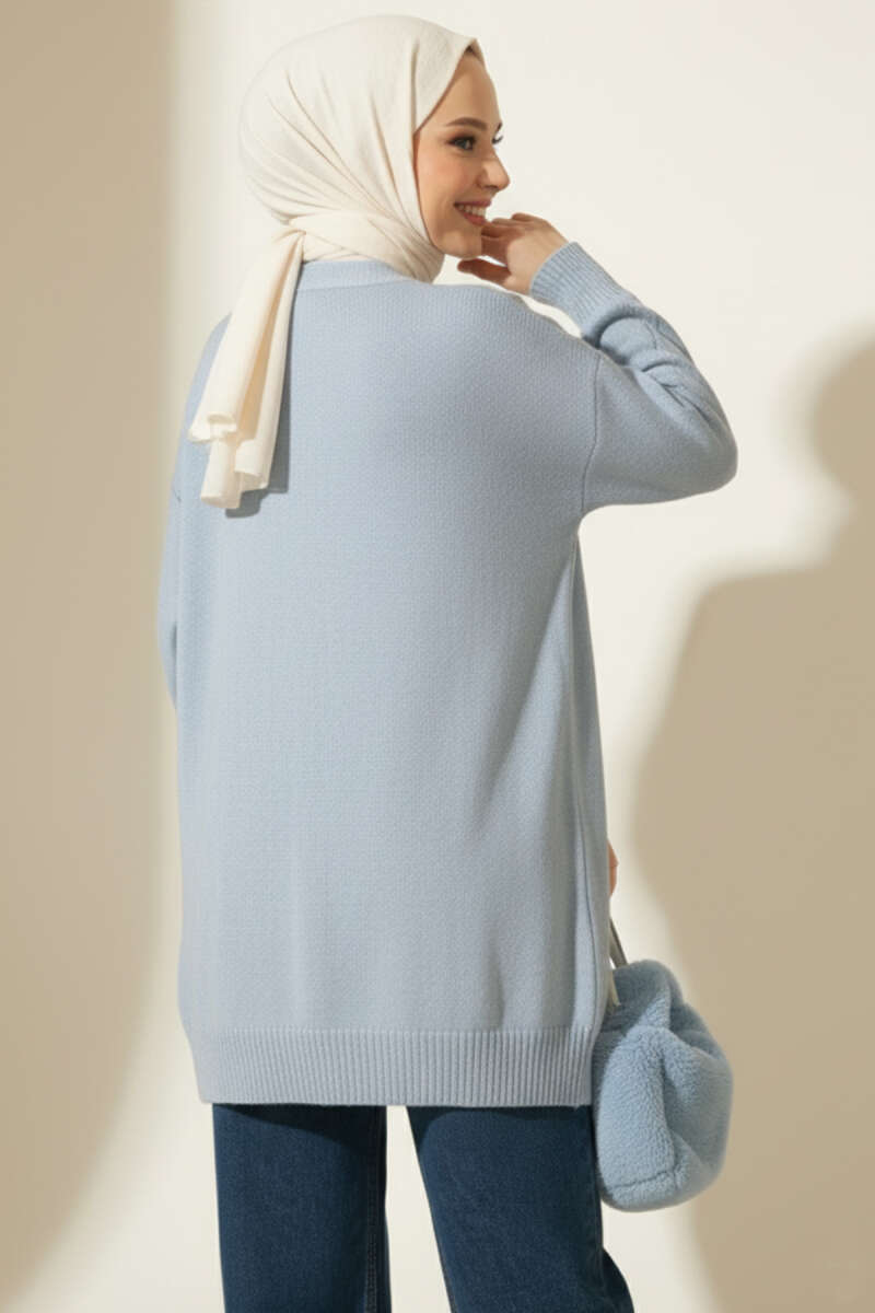 Floral Diamond-Pattern Knit Cardigan - Light Blue