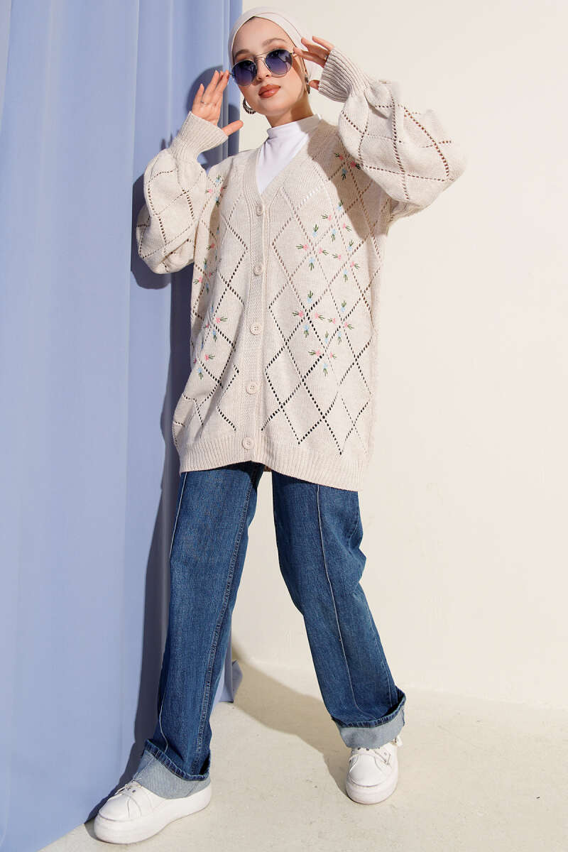Floral Diamond-Pattern Knit Cardigan - Beige