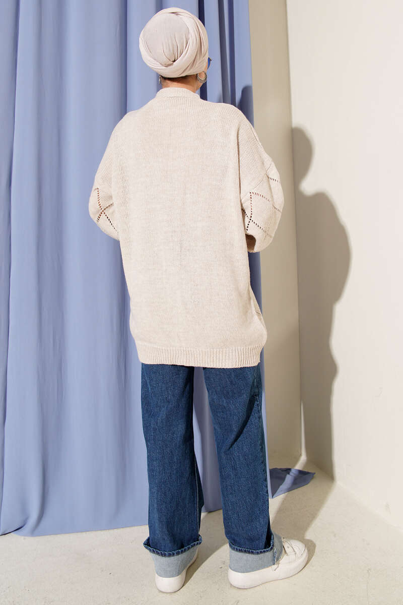 Floral Diamond-Pattern Knit Cardigan - Beige
