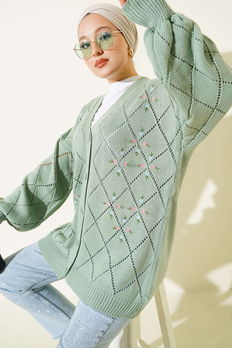 Floral Diamond-Pattern Knit Cardigan - Almond Green