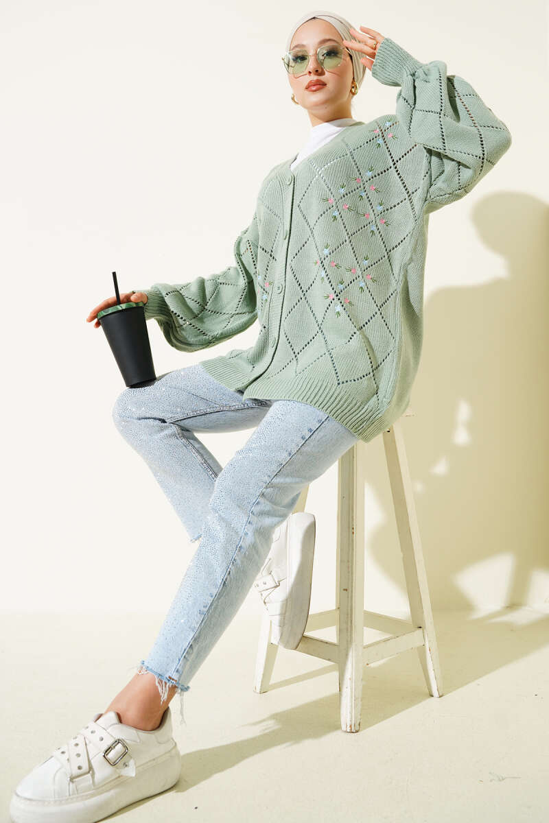 Floral Diamond-Pattern Knit Cardigan - Almond Green