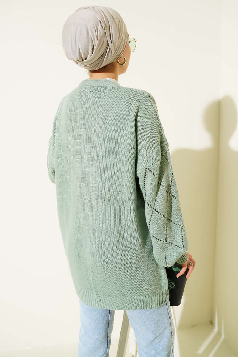 Floral Diamond-Pattern Knit Cardigan - Almond Green