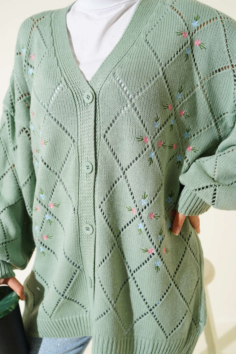 Floral Diamond-Pattern Knit Cardigan - Almond Green