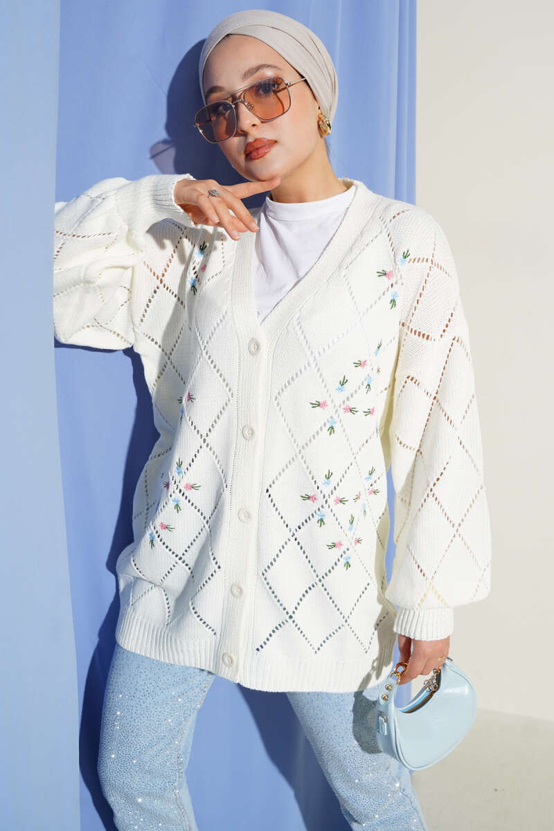 Floral Diamond-Pattern Knit Cardigan - Ecru