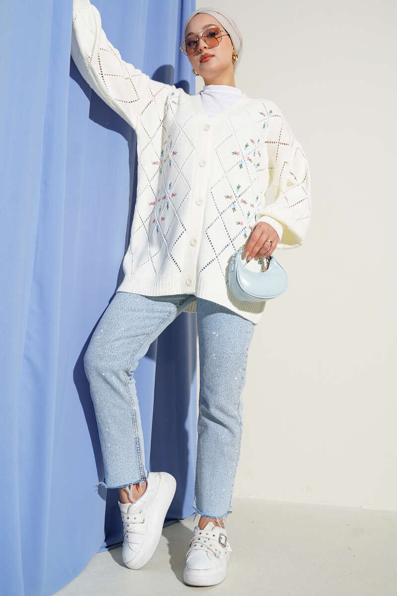 Floral Diamond-Pattern Knit Cardigan - Ecru