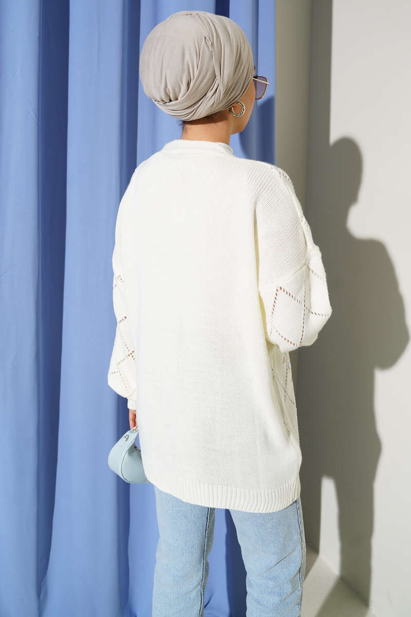 Floral Diamond-Pattern Knit Cardigan - Ecru
