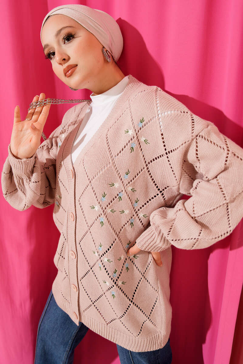 Floral Diamond-Pattern Knit Cardigan - Powder