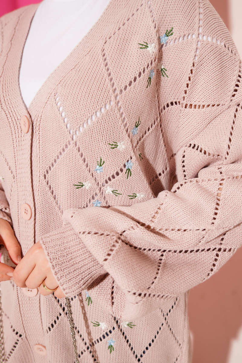 Floral Diamond-Pattern Knit Cardigan - Powder