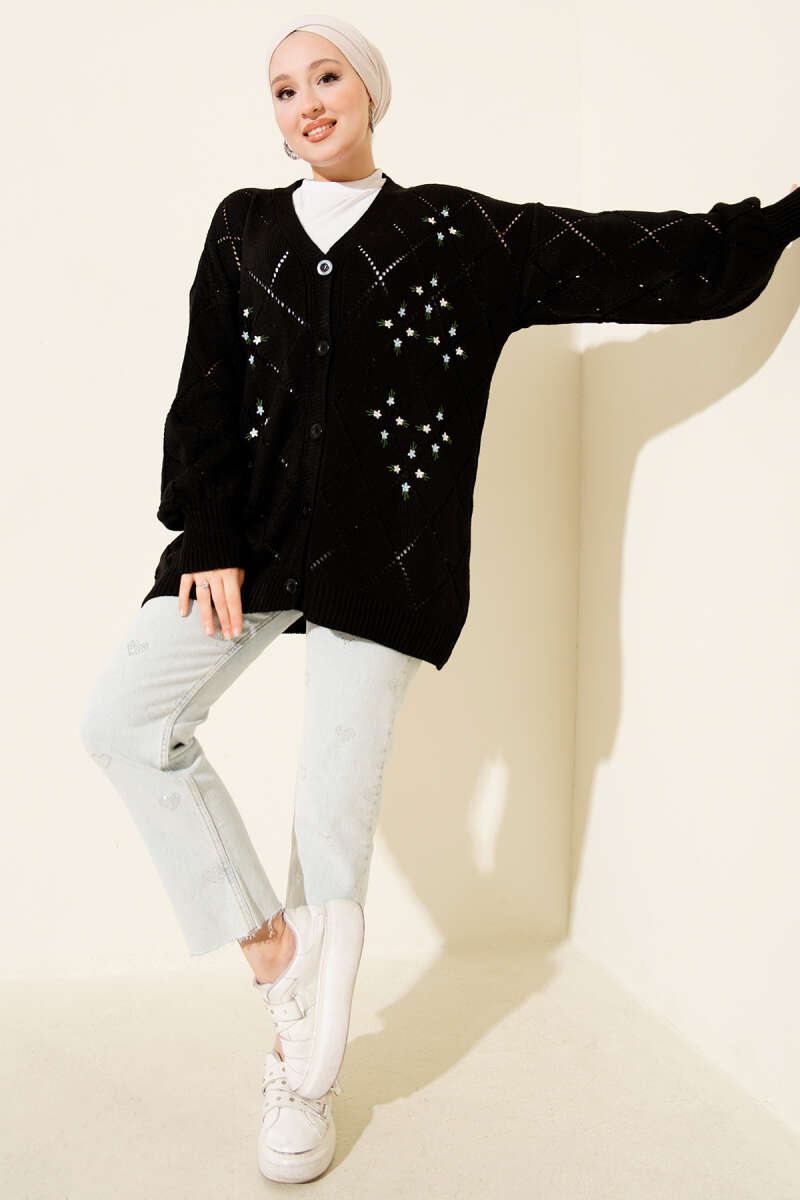 Floral Diamond-Pattern Knit Cardigan - Black