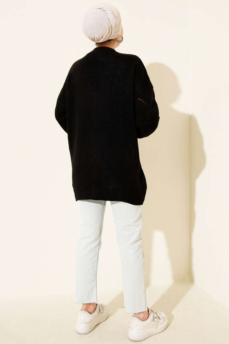 Floral Diamond-Pattern Knit Cardigan - Black
