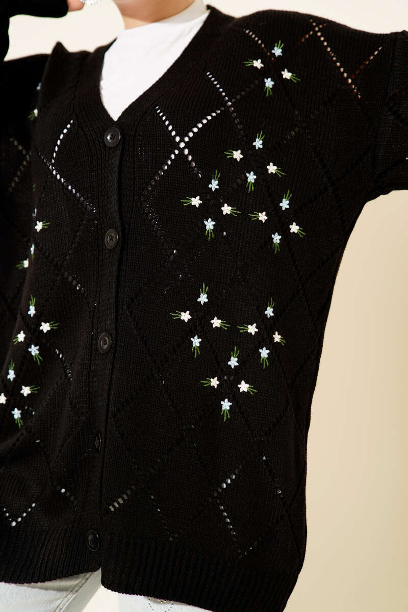 Floral Diamond-Pattern Knit Cardigan - Black