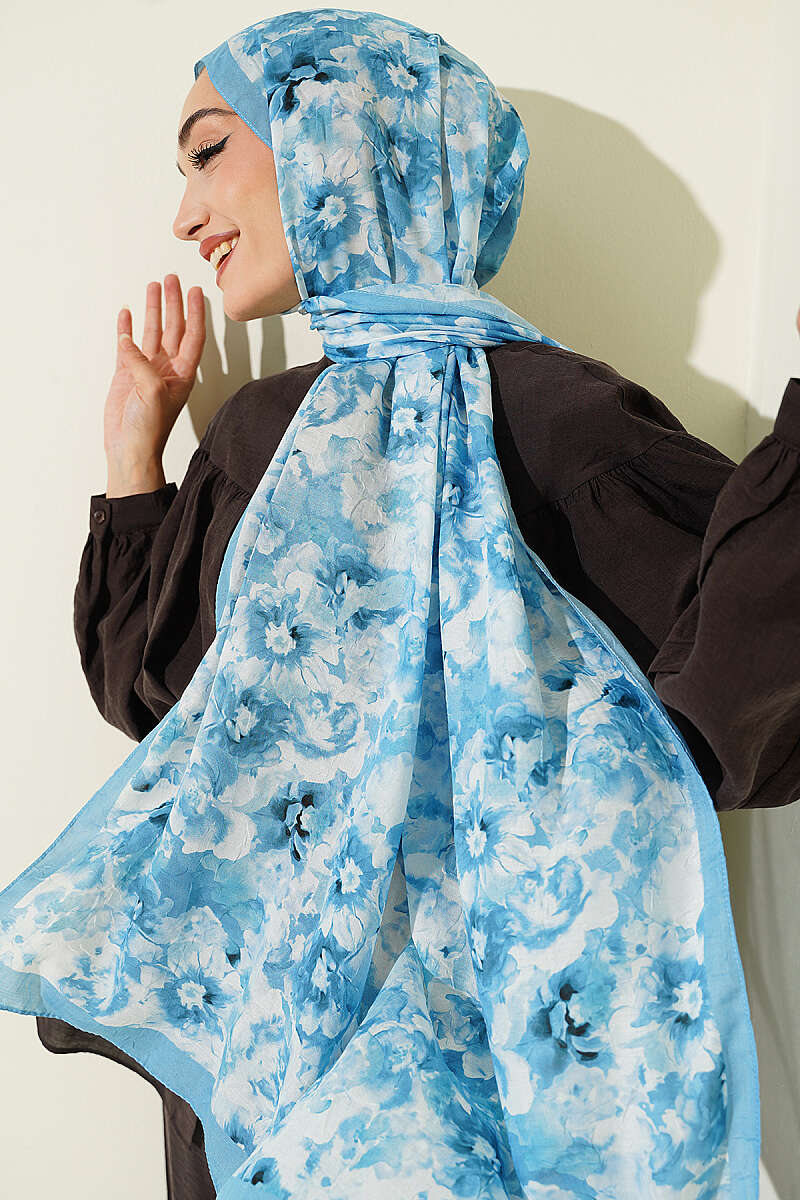 Floral Bamboo Crinkle Shawl, Blue Series - Multicolour 9