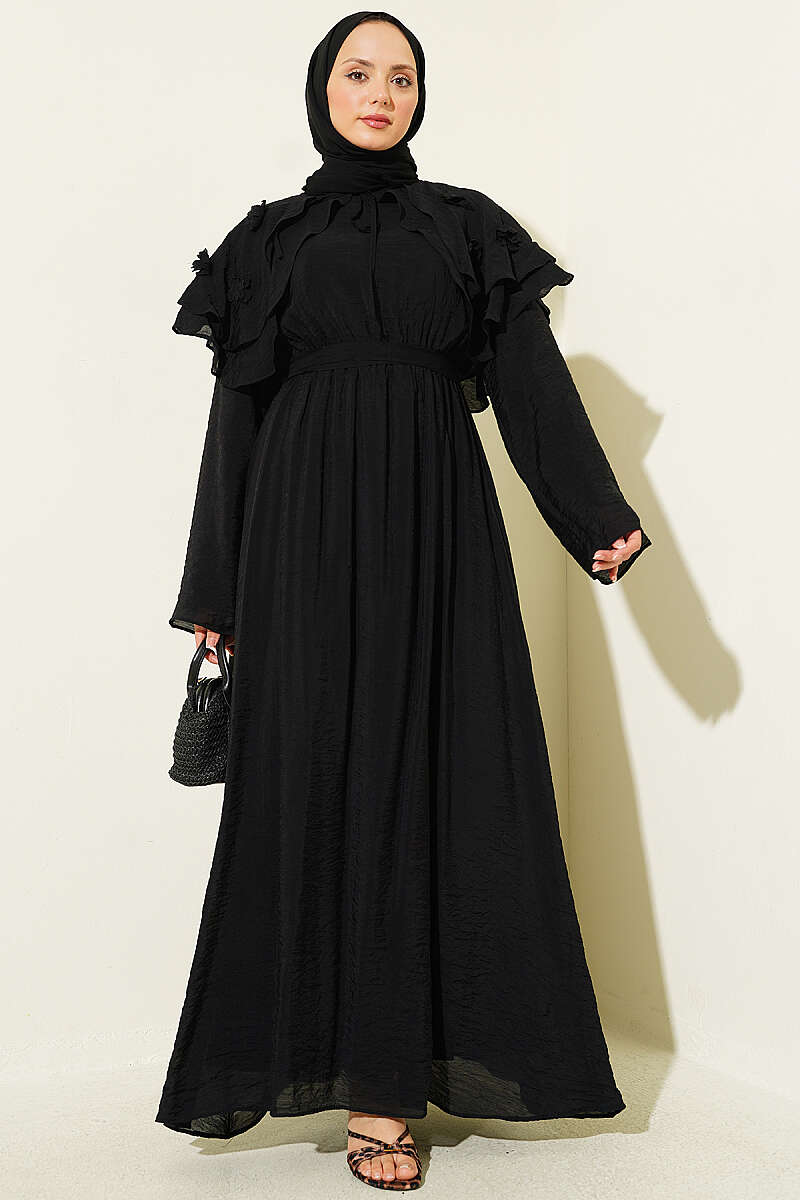 Belted Floral Dress with Peter Pan Collar - Black