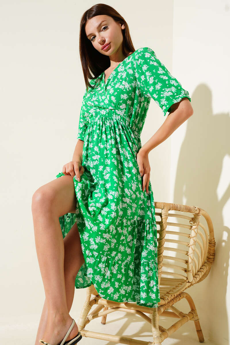 Floral Short-Sleeve Dress with Elastic Waist - Green