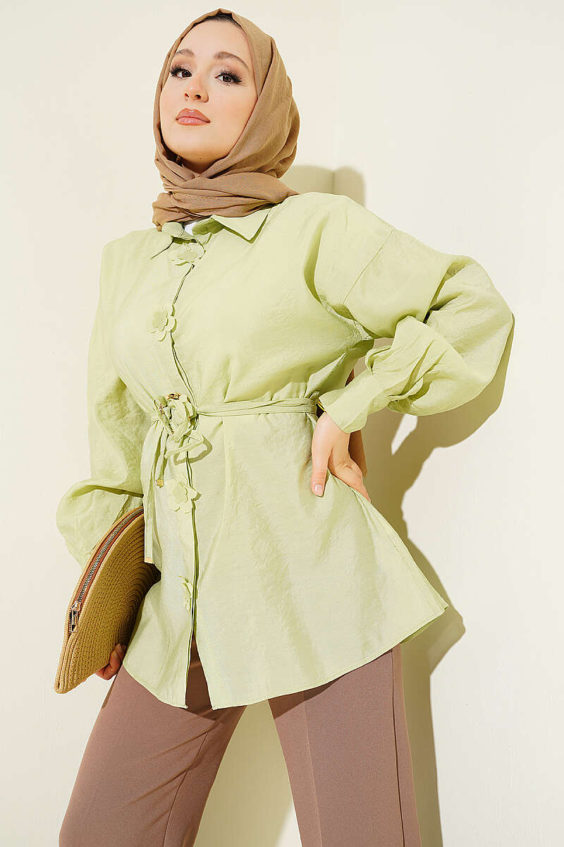 Floral Shirt with Gold Buckle and Cord Belt - Almond Green