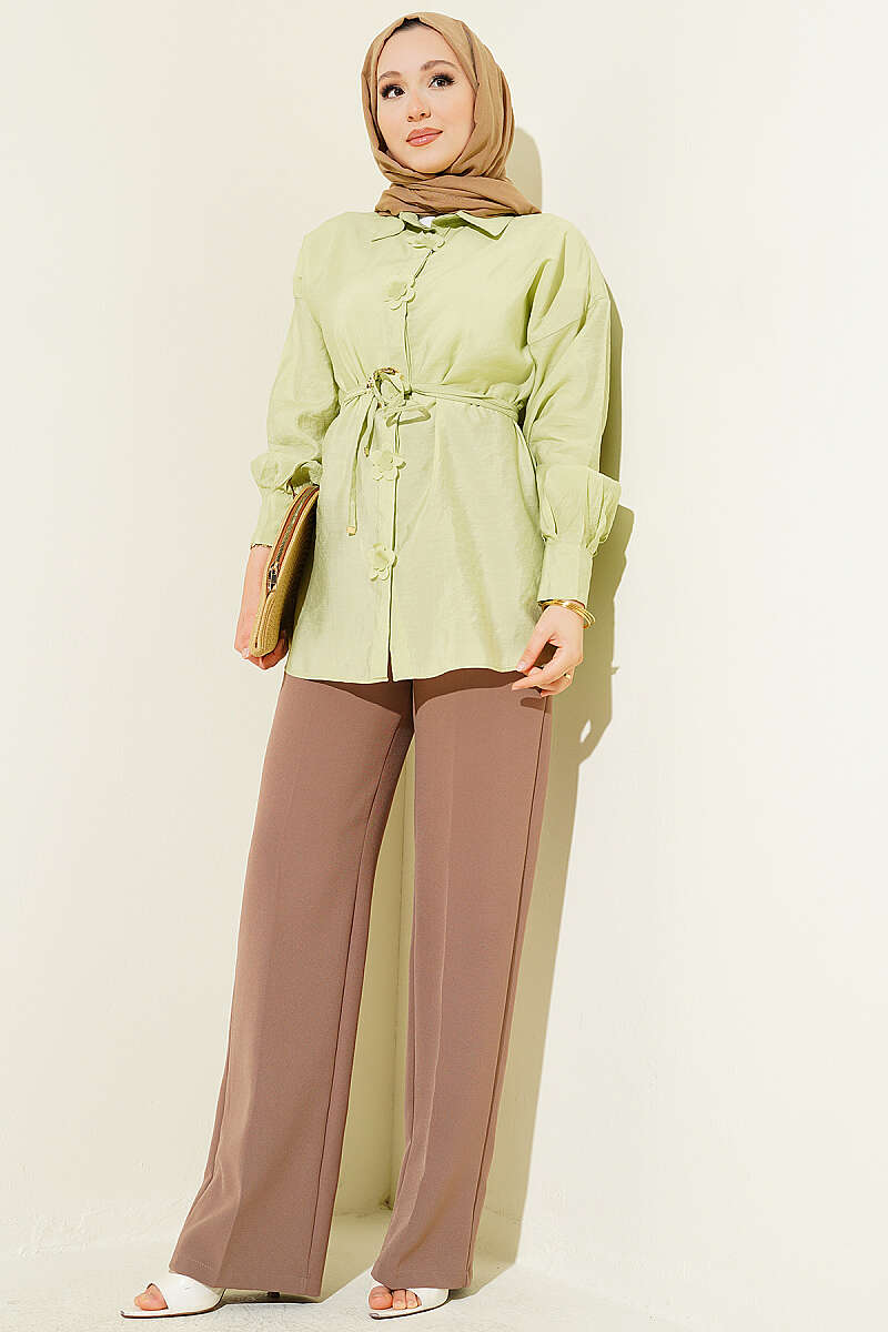 Floral Shirt with Gold Buckle and Cord Belt - Almond Green